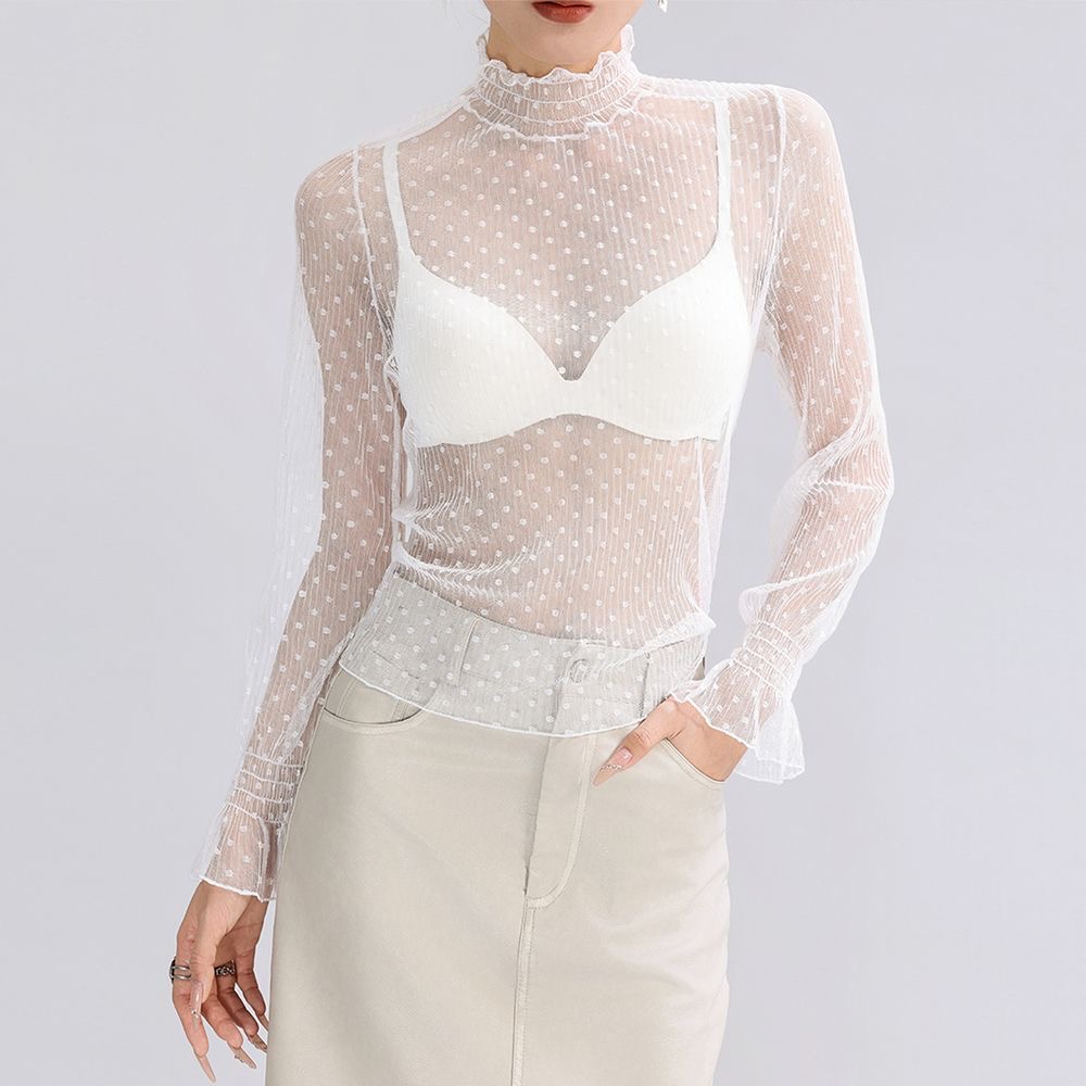 Mesh Top Layering - Modisches Mesh-T-Shirt mit Stehkragen, langärmlig, hoher