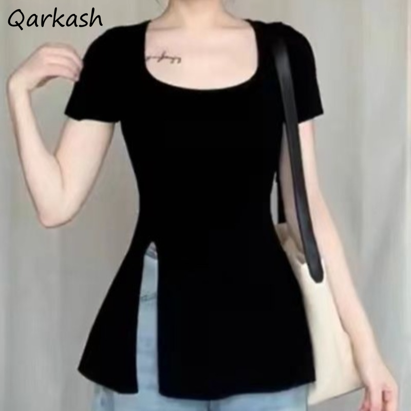 Street Fashion Korean Girl - Sommer-T-Shirts für Damen, Schlitz-Design, All-Match, schwarz,