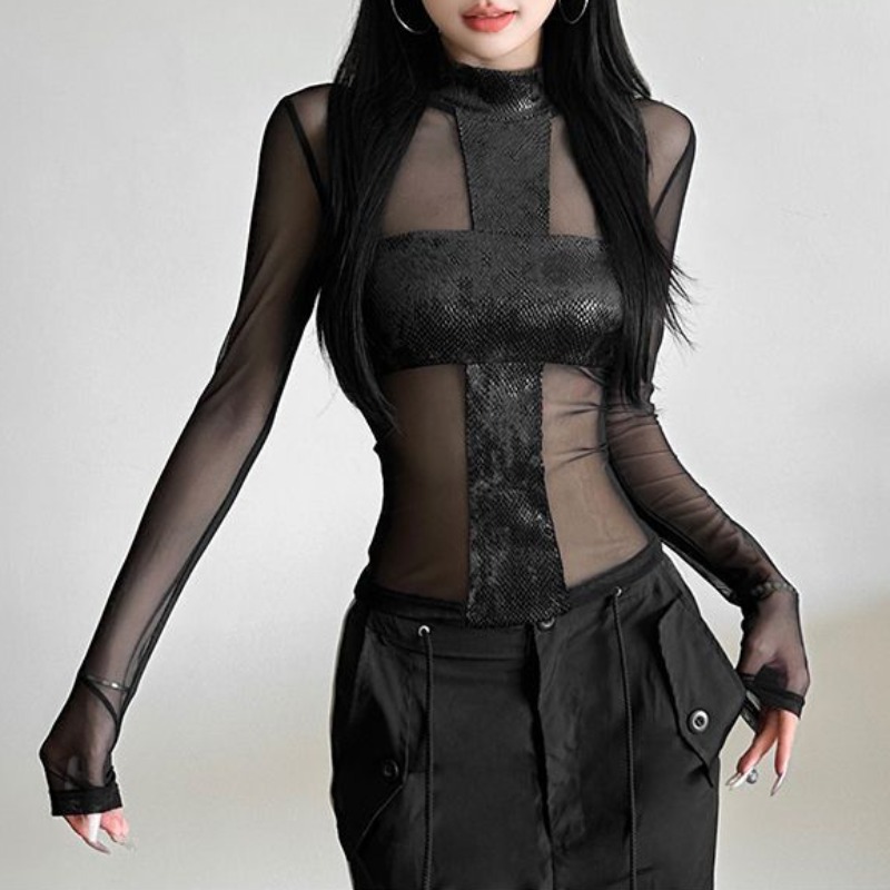 Mesh Top Layering - Amerikanischen Stil Mesh Langarm Body T-shirt