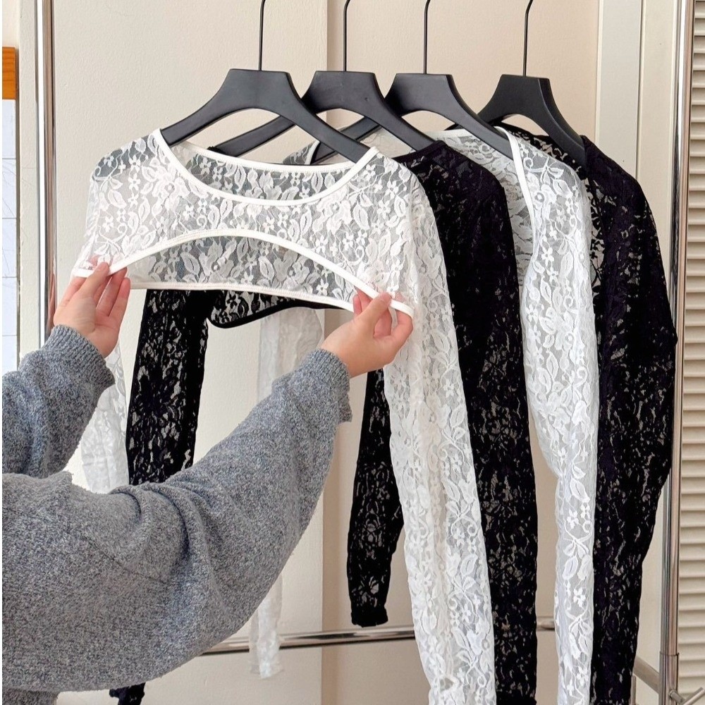Mesh Top Layering - Stilvolle einfarbige Spitzen-Langarm-Tops, atmungsaktive, elastische, durchsichtige