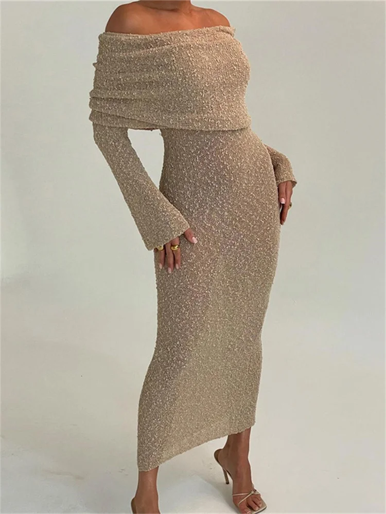 Street Fashion Look - Off-Shoulder durchsichtige Pailletten Maxi kleid weibliche